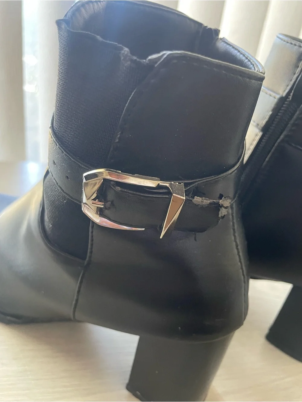 Chunky Block Heel Black Ankle Boots with Silver Buckle Strap - Size 10